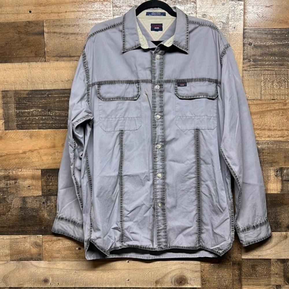 Tommy Jeans Men's Gray Distressed Button Up Long Sleeve Shirt Size‎ Large